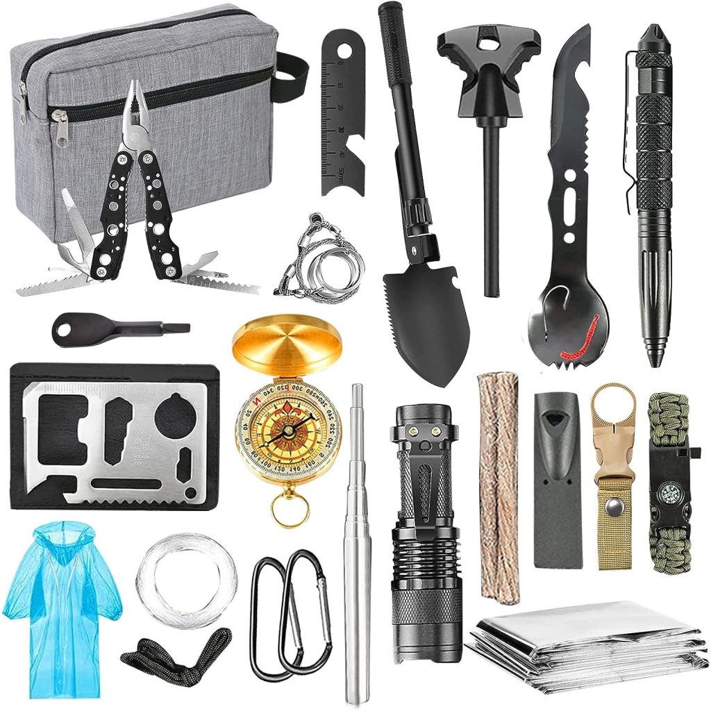 Kit de Supraviețuire Multifuncțional 20 în 1, Flippy, cu Instrumente Profesionale, Agățătoare pentru Ghiozdan și Borsetă de Depozitare Inclusă, pentru Camping, Drumeții și Aventuri în Aer Liber, Gri