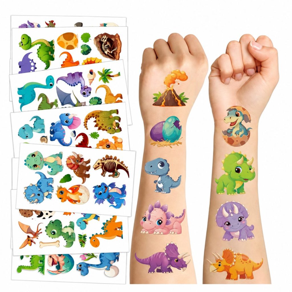 Set Tatuaje Temporare pentru Copii, Flippy, Modele Dinozauri Cartoon, Impermeabile, cu T-Rex si Animale Preistorice, Petreceri si Activitati Creative, Foaie 12.03 x 6.83 cm, Multicolor
