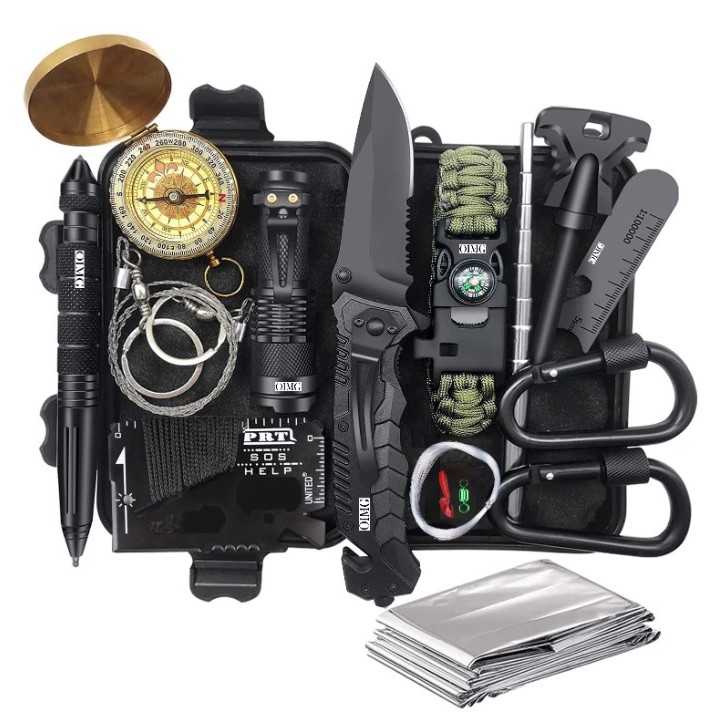 Kit de Supraviețuire Multifuncțional 16 în 1, Flippy, cu Instrumente Profesionale, Agățătoare pentru Ghiozdan și Borsetă de Depozitare Inclusă, pentru Camping, Drumeții și Aventuri în Aer Liber, Negru