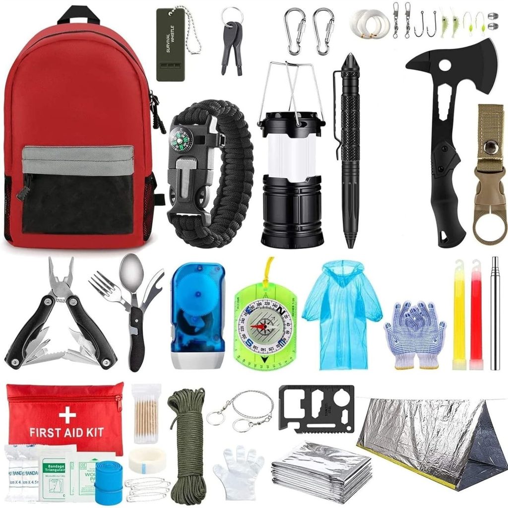 Kit de Supraviețuire Multifuncțional, Flippy, Set cu 32 de Instrumente și Accesorii Profesionale, Trusă Medicală, Agățătoare pentru Ghiozdan, pentru Camping, Drumeții și Aventuri în Aer Liber, 20x15x13.5 cm, Multicolor