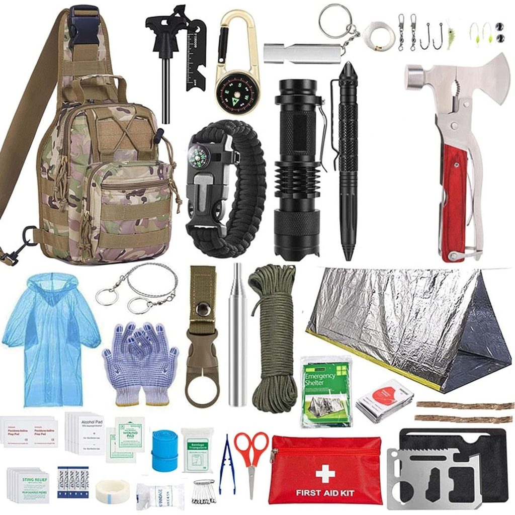 Kit de Supraviețuire Multifuncțional, Flippy, Set cu 40 de Accesorii și Instrumente Profesionale, Trusă de Prim Ajutor, pentru Camping, Drumeții și Aventuri în Aer Liber, cu Borsetă de Depozitare Inclusă, Model Army, Negru