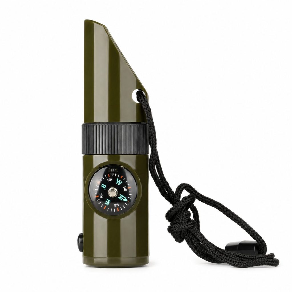 Kit supravieturie Flippy, Fluier multifunctional 7 in 1, pentru drumetii, hiking, lupa, fluier, termometru, depozitare pastile, busola, din material ABS, cu snur,  9,7 x 2,8 cm, verde