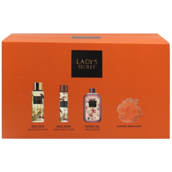 Set ingrijire corporala, Lady's Secret, Gel de Dus 250, Bodymist250, Bs75 Vanilla, 4 produse pentru femei: parfum, spray corporal, gel de dus si prosop