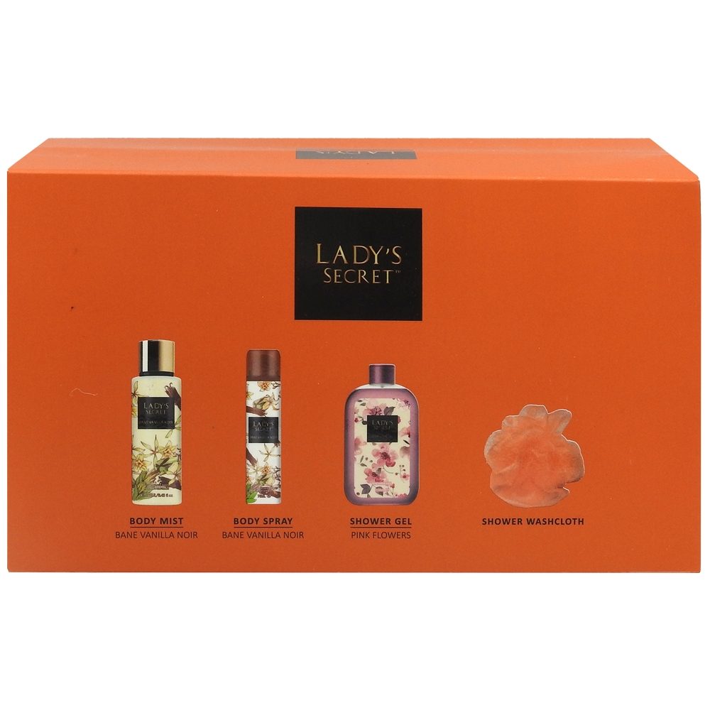 Set ingrijire corporala, Lady's Secret, Gel de Dus 250, Bodymist250, Bs75 Vanilla, 4 produse pentru femei: parfum, spray corporal, gel de dus si prosop