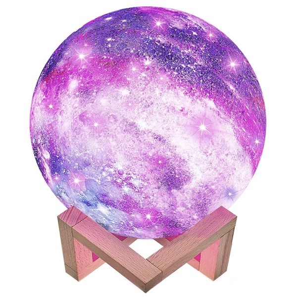 Lampa de veghe in forma de luna cu stele 3D Moon Light 7 culori, alimentare baterii, stand din lemn inclus, 15 cm, Flippy