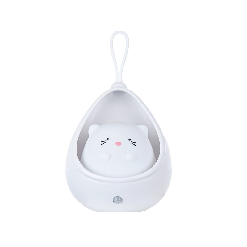 Lampa de Veghe, Flippy, Portabila, cu 2 Moduri de Functionare, Silicon Non-Toxic, Reincarcabila USB, Senzor Miscare, Model Pisica, Alb