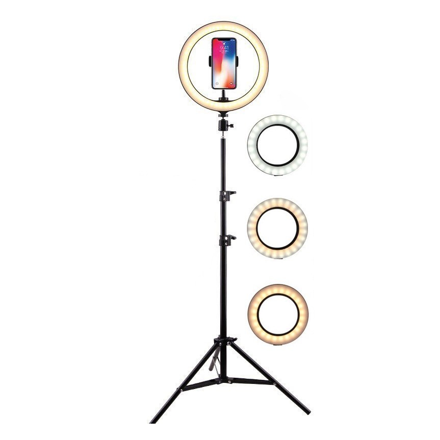 Lampa LED Circulara cu Trepied Metalic Extensibil, Flippy, Rotativa 360 de Grade, Lungime Extensie 210 cm, Diametru Lampa 26 cm, Conectare USB, Telecomanda, 3 Trepte de Lumina, Negru