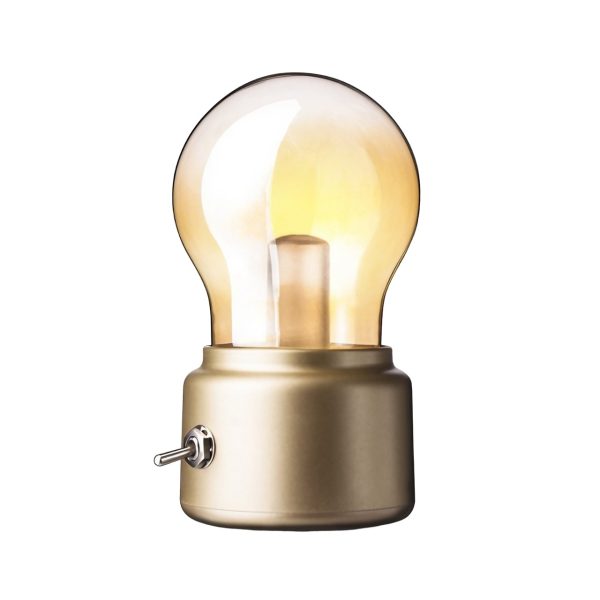 Lampa LED Decorativa sub forma de Bulb, Retro pentru interior, Bej/ Transparent, 5 V, 500 mA, ABS, Lumina Calda, Incarcare USB, Autonimie 12 Ore, Comutator Metalic, Flippy, 11x7x6 cm