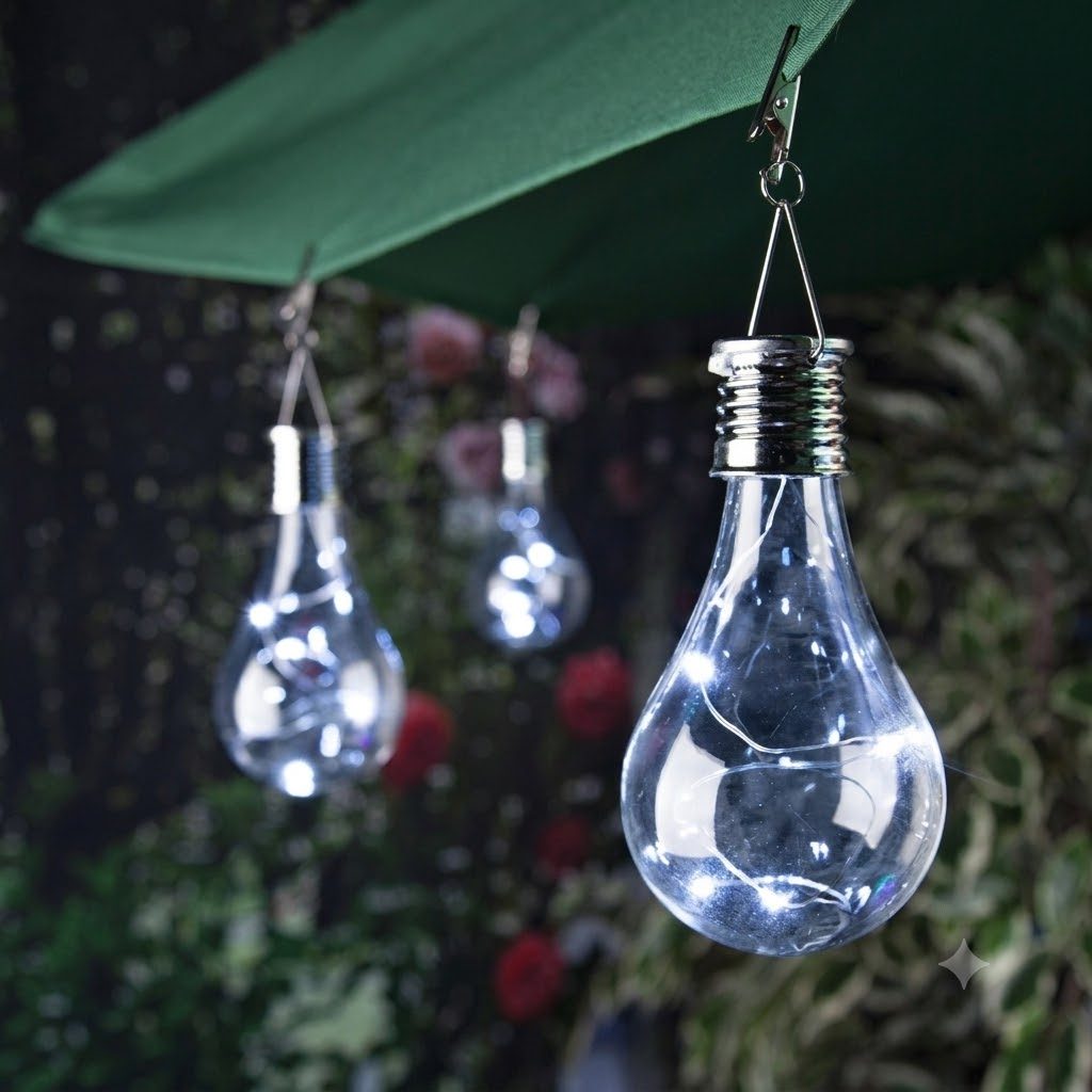 Lampa Solara LED Decorativa sub forma de Bulb, pentru exterior, suspendata, IP65, Ultron Transparent, lumina rece, Flippy