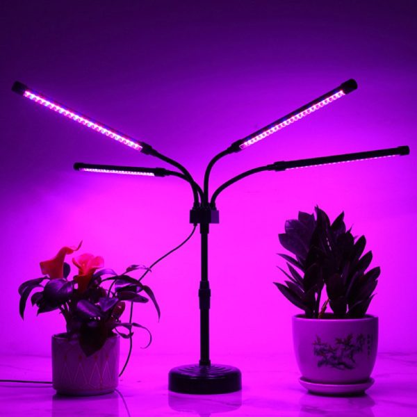 Lampa UV pentru cresterea plantelor, Flippy, Alimentare cu USB, 20W, 4 capete, 96 LED-uri, 9 nivele lumina, Timer, Inaltime Ajustabila pana la 65 cm Lumina Mov