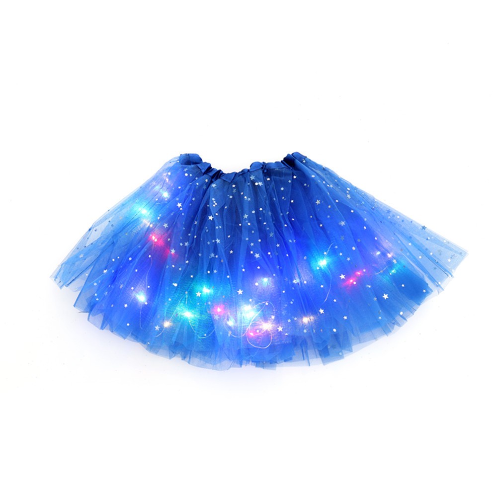 Fusta LED pentru Copii, Flippy, Tutu de Balet pentru Fetite cu Luminite Multicolore Incorporate, Model Stelute, 30 cm Lungime, Albastru