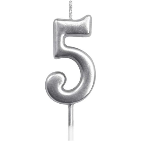 Lumanare de Tort, Flippy, Model Cifra 5, Party, 4.5 x 2.5 cm, din Parafina, Argintiu