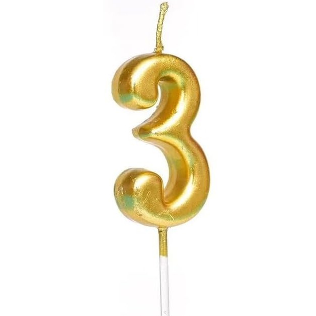 Lumanare de Tort, Flippy, Model Cifra 3, Party, 4.5 x 2.5 cm, din Parafina, Auriu
