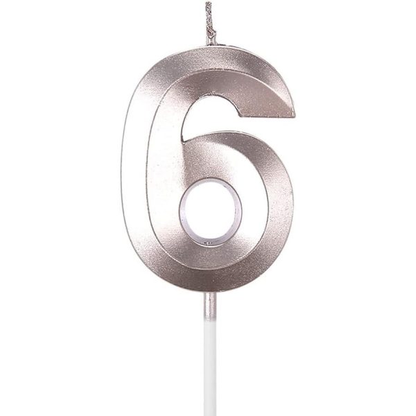 Lumanare Cifra 6, Flippy, Model Diamond, 5 x 3.4 cm, Argintiu