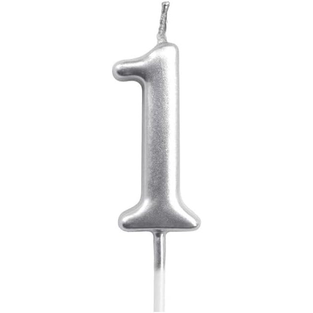 Lumanare de Tort, Flippy, Model Cifra 1, Party, 4.5 x 2.5 cm, din Parafina, Argintiu