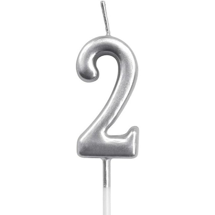 Lumanare de Tort, Flippy, Model Cifra 2, Party, 4.5 x 2.5 cm, din Parafina, Argintiu