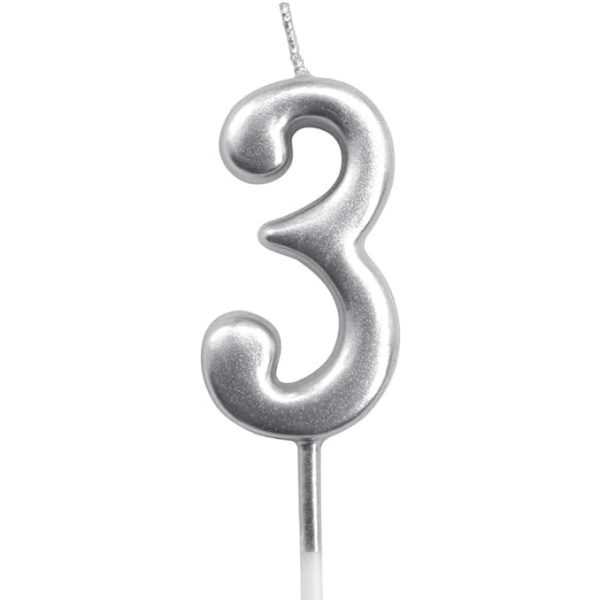 Lumanare de Tort, Flippy, Model Cifra 3, Party, 4.5 x 2.5 cm, din Parafina, Argintiu
