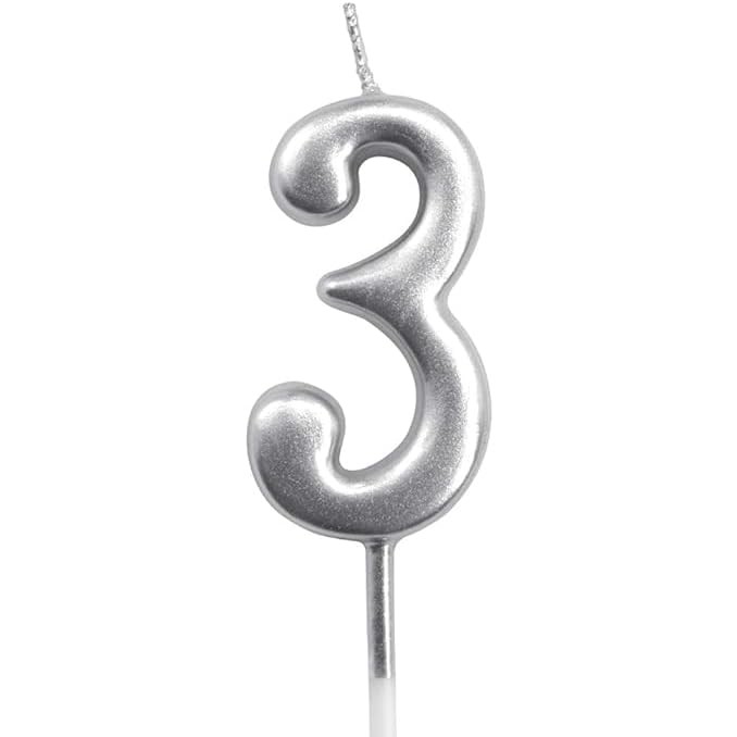 Lumanare de Tort, Flippy, Model Cifra 3, Party, 4.5 x 2.5 cm, din Parafina, Argintiu