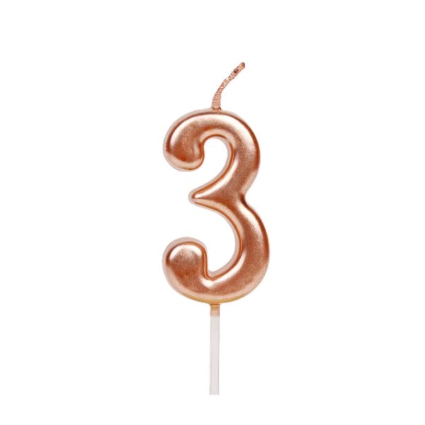 Lumanare de Tort, Flippy, Model Cifra 3, Party, 4.5 x 2.5 cm, din Parafina, Rose Gold