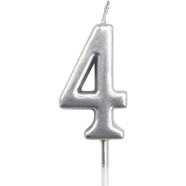 Lumanare de Tort, Flippy, Model Cifra 4, Party, 4.5 x 2.5 cm, din Parafina, Argintiu