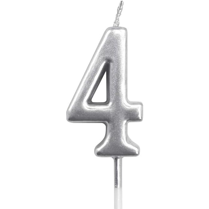 Lumanare de Tort, Flippy, Model Cifra 4, Party, 4.5 x 2.5 cm, din Parafina, Argintiu