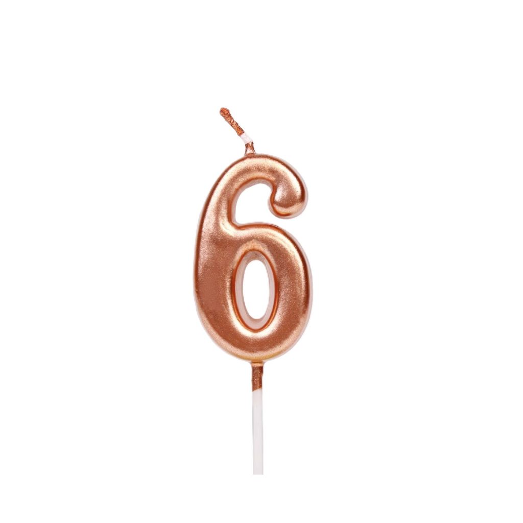 Lumanare de Tort, Flippy, Model Cifra 6, Party, 4.5 x 2.5 cm, din Parafina, Rose Gold
