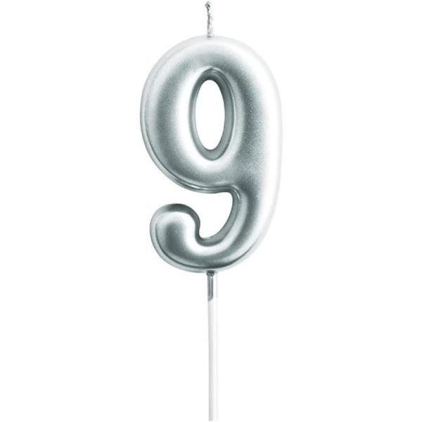 Lumanare de Tort, Flippy, Model Cifra 9, Party, 4.5 x 2.5 cm, din Parafina, Argintiu