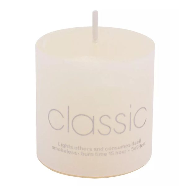 Lumanare Decorativa, Flippy, din Parafina, Cilindrica, Fara Fum si Fara Parfum, 5 x 5 cm, 90 g, Ardere 12h, Ivory Alb