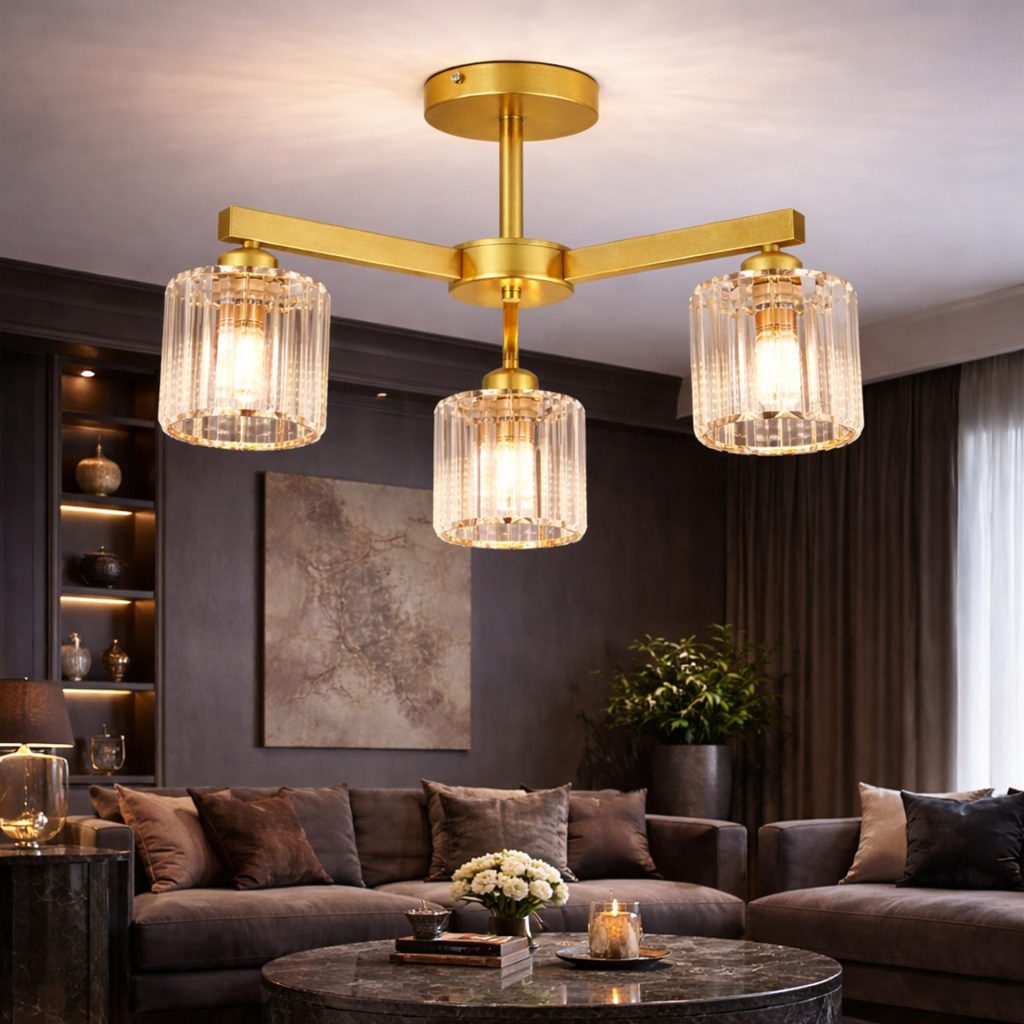 Lustra Clasica Moderna LC110/3GD cu Cristal, 3x E27, Auriu, Metal si Cristal