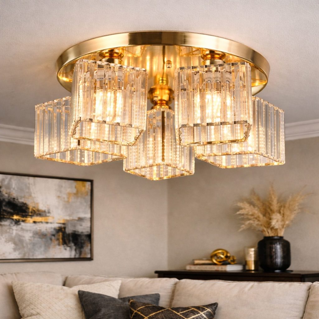 Lustra Clasica Moderna Sasha, LC117/5GD, 5x E27, Metal si Cristal, Auriu, Abajur