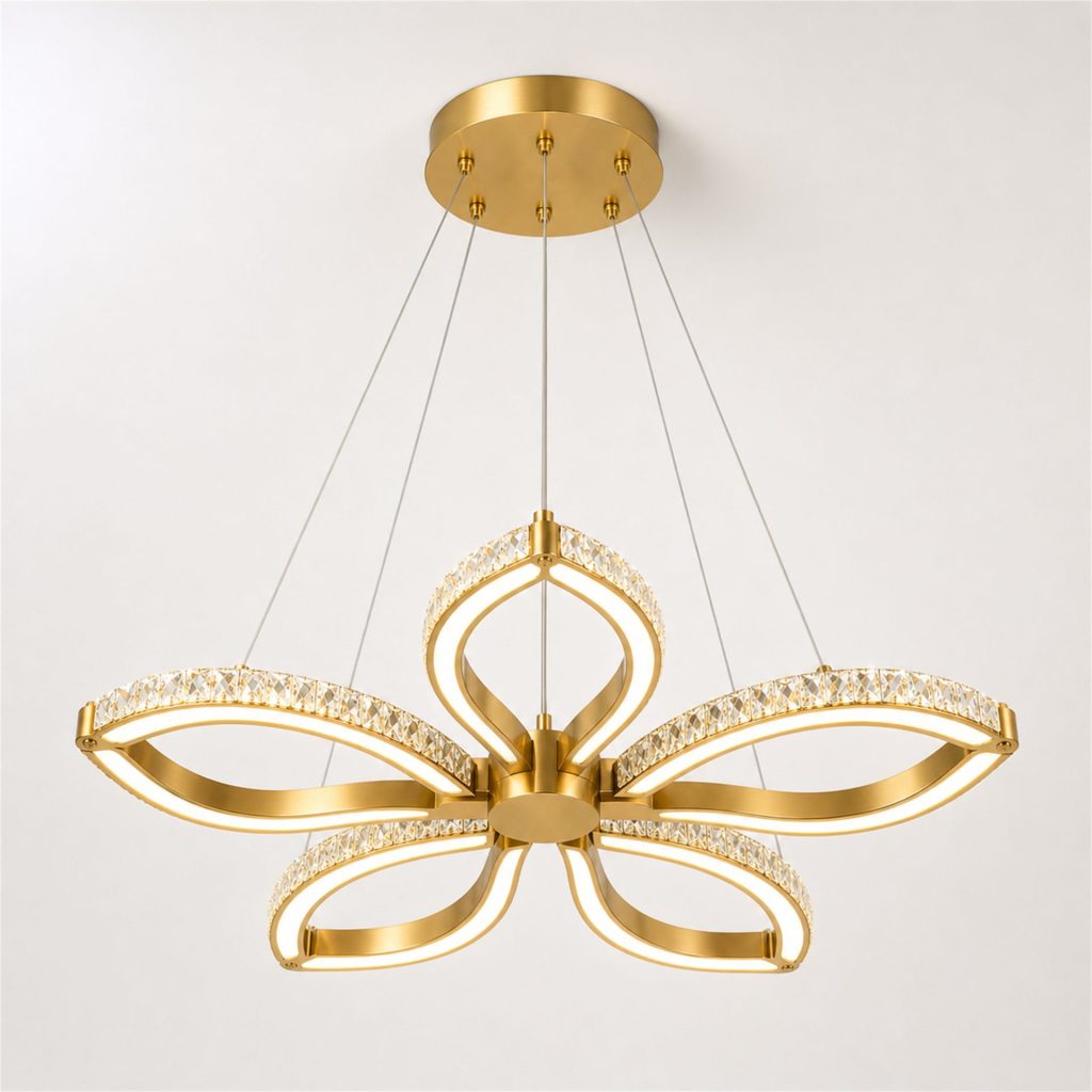 Lustra LED BLUME Magno cu telecomanda si cristal, 79W, 5 Surse, Lumina Rece/Calda/Neutra, Dimabila, Auriu