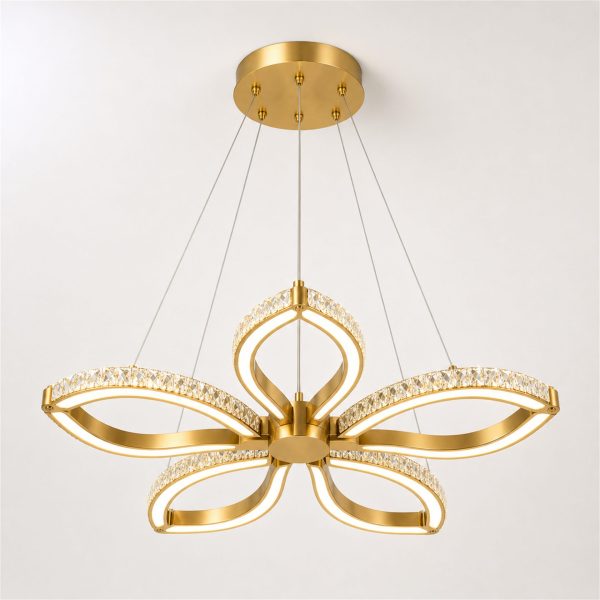 Lustra LED BLUME Magno cu telecomanda si cristal, 79W, 5 Surse, Lumina Rece/Calda/Neutra, Dimabila, Auriu