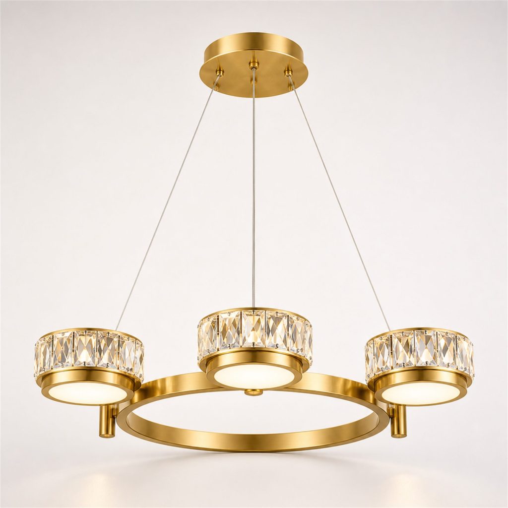 Lustra LED CHARM Eleganza cu telecomanda si cristal, 44W, Ø50cm, 3 Surse, Lumina Rece/Calda/Neutra, Dimabila, Auriu
