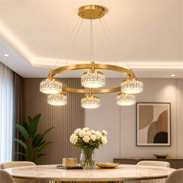 Lustra LED CHARM Magno cu telecomanda si cristal, 68W, Ø59cm, 5 Surse, Lumina Rece/Calda/Neutra, Dimabila, Auriu
