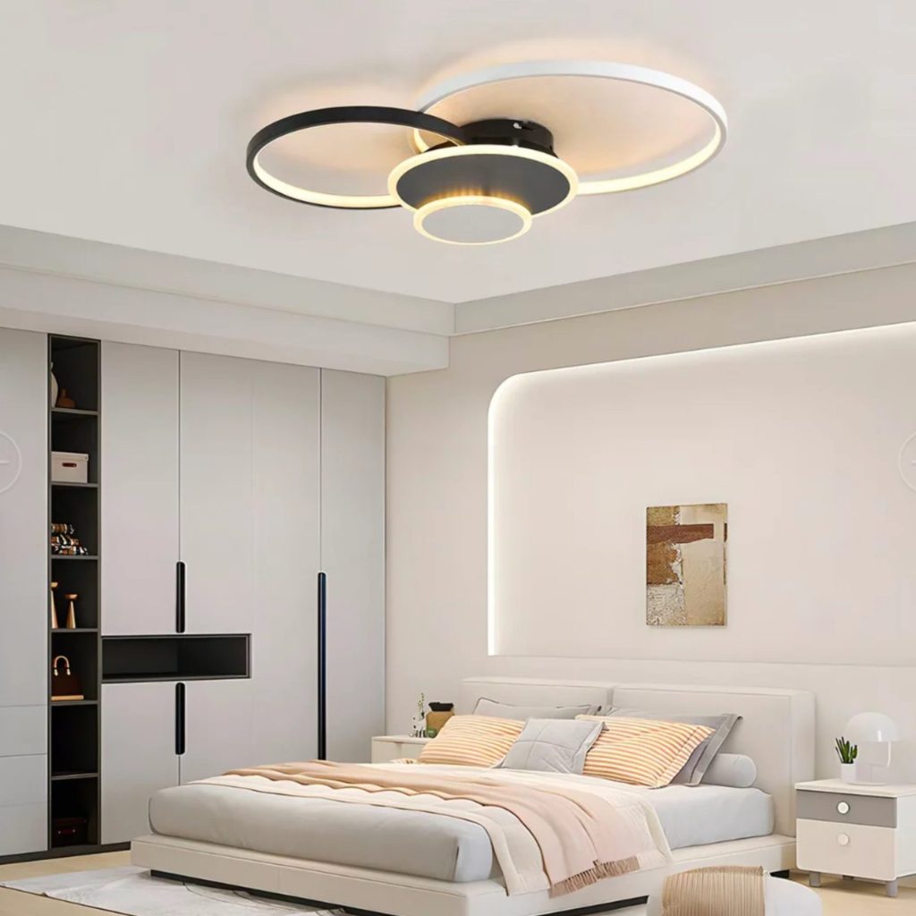 Lustra LED cu telecomanda KILLIAN 80W, 4 Cercuri, lumina Rece/Calda/Neutra, Dimabila, Negru Alb