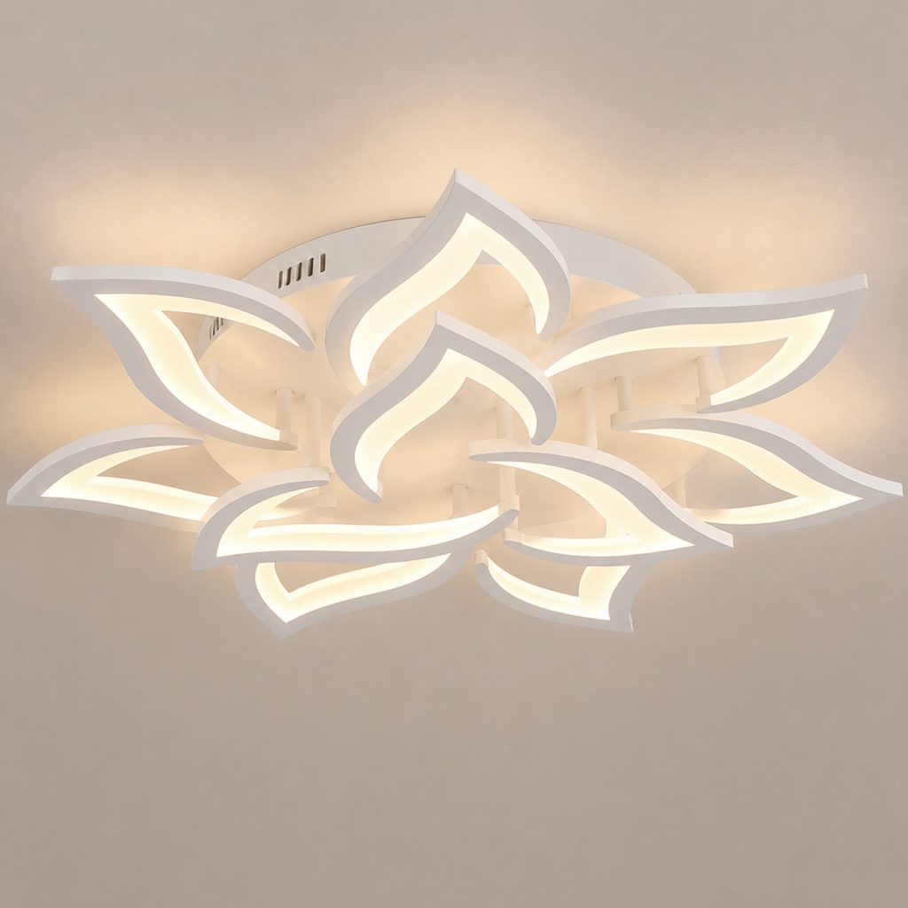 Lustra LED cu telecomanda LOTUS 91W, 9 Petale, lumina Rece/Calda/Neutra, Dimabila, Alb