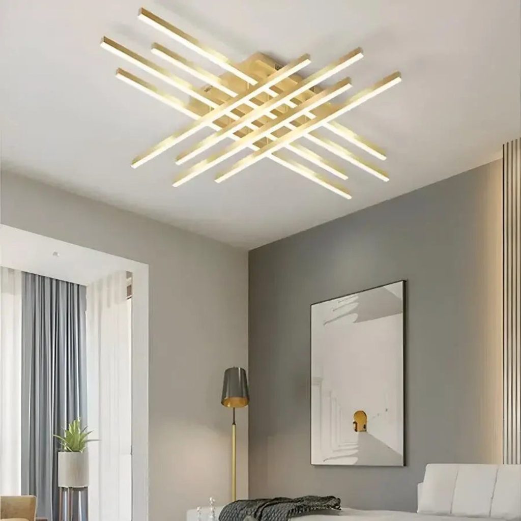 Lustra LED cu telecomanda MORA 160W, 8 Elemente, Liniara, lumina Rece/Calda/Neutra, Dimabila, Auriu Lucios