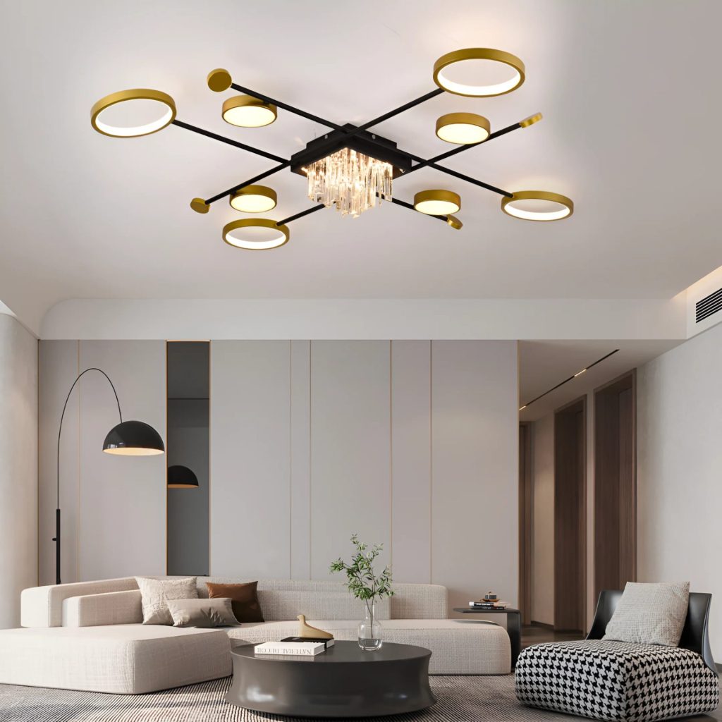Lustra LED cu telecomanda si cristal GUIDA 46W, 8 Elemente, lumina Rece/Calda/Neutra, Dimabila, Negru Auriu