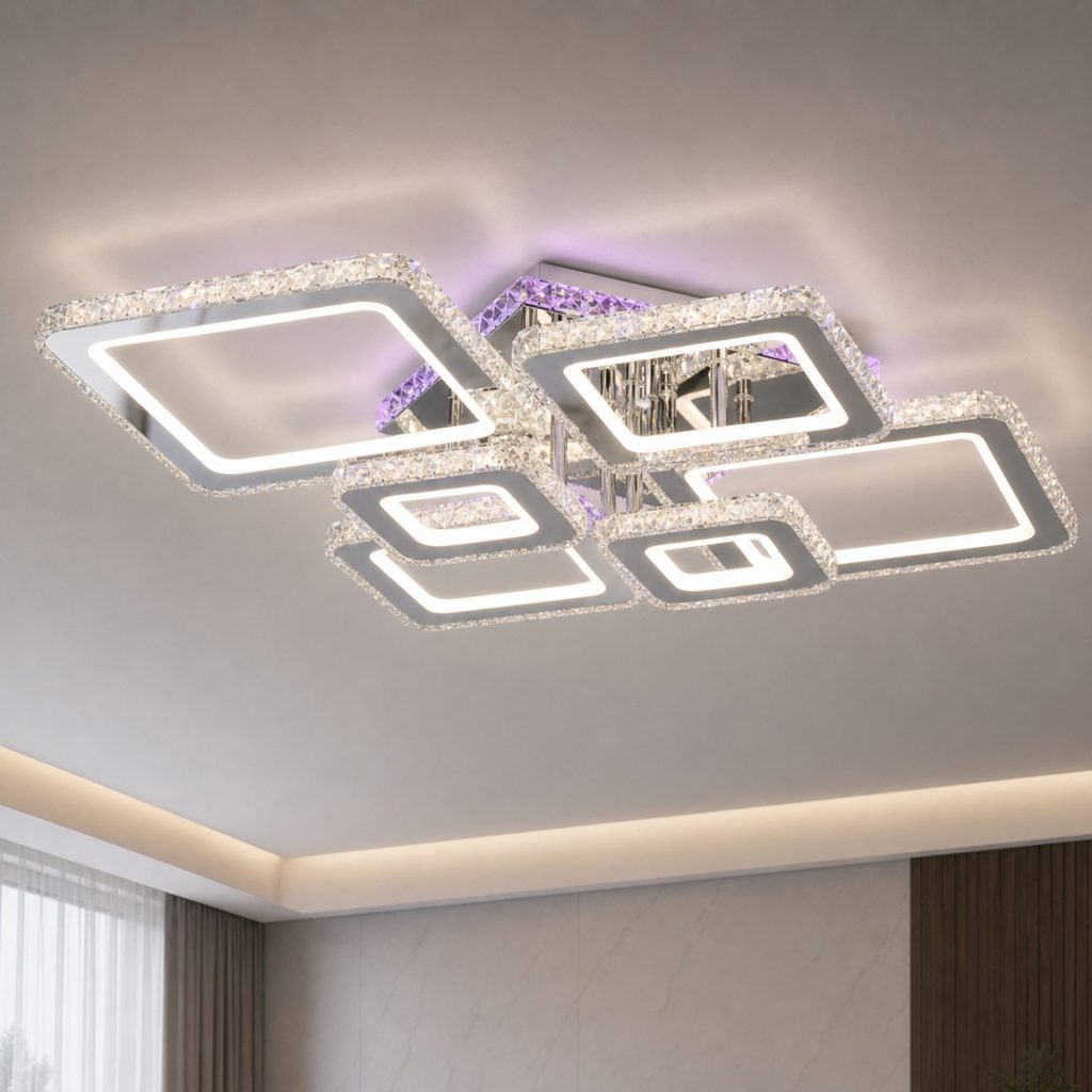 Lustra LED cu telecomanda si cristal NOVA RHOMBA RGB 168W, 6 Patrate, lumina Rece/Calda/Neutra, Dimabila, Crom Lucios