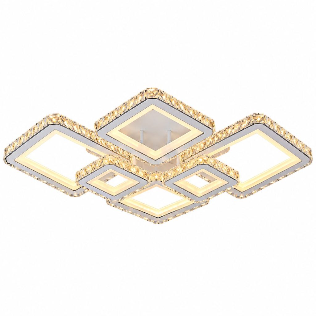 Lustra LED cu telecomanda si cristal QUADRIS RGB 175W, 6 Patrate, Lumina Rece/Calda/Neutra, Dimabila, Alb