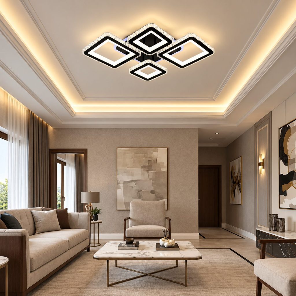 Lustra LED cu telecomanda si cristal QUADRIS RGB 96W, 4 Patrate, lumina Rece/Calda/Neutra, Dimabila, Negru
