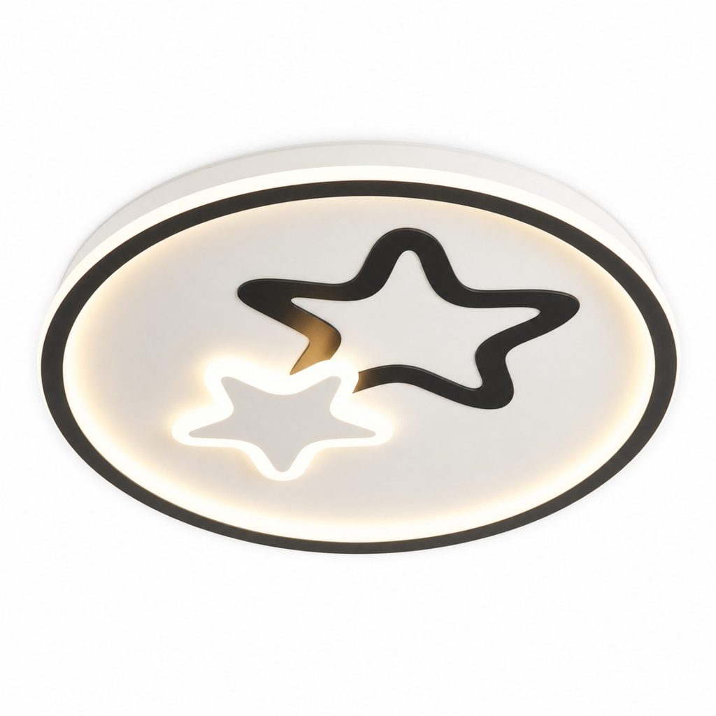 Lustra LED Moderna EMELIANA, Flippy, 57W, Forma Luna si Stea, 3 Surse LED, Telecomanda, Intensitate Reglabila, 3000K/4000K/6000K, Negru/Alb