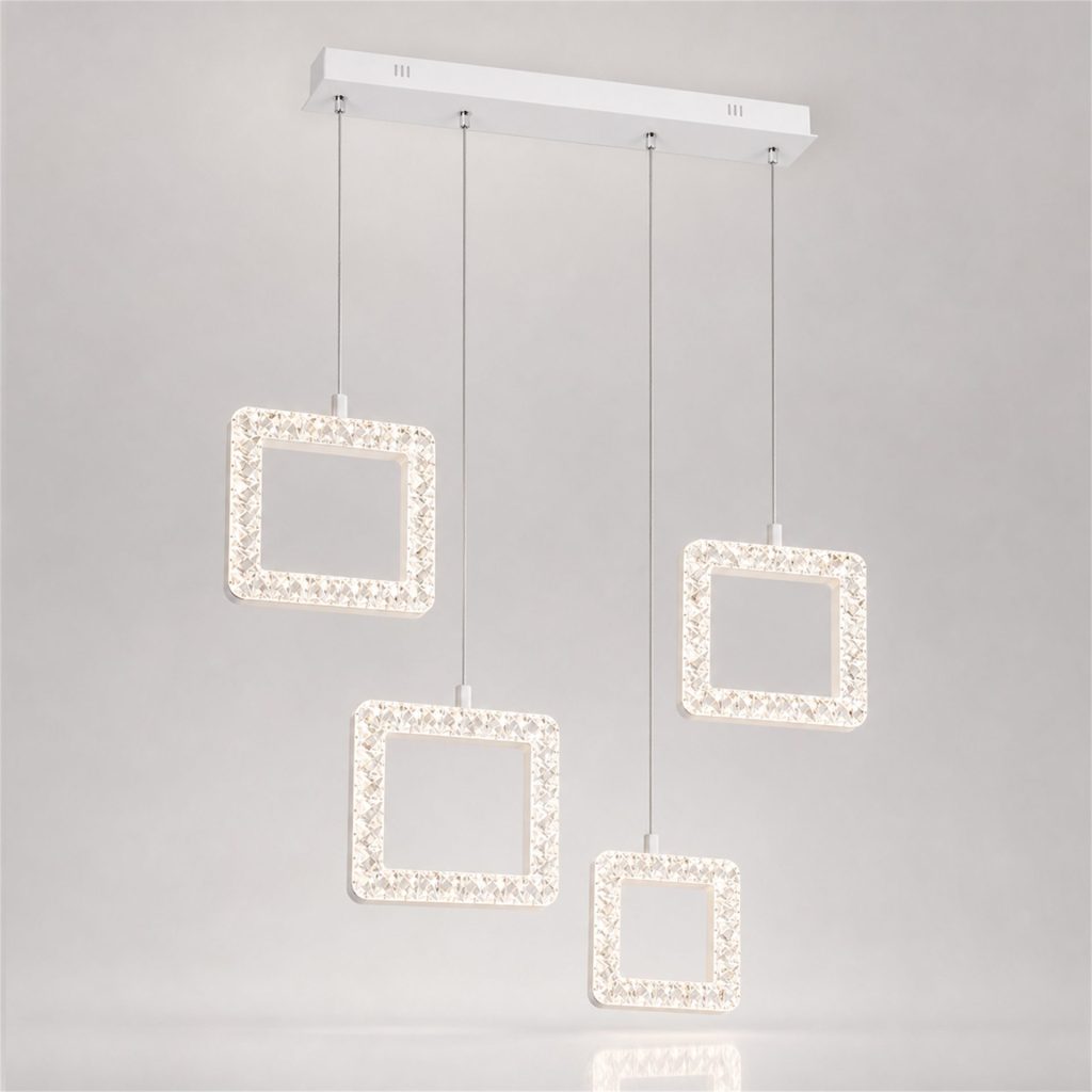 Lustra LED MOND Eleganza cu telecomanda si cristal, 72W, 4 Patrate, Lumina Rece/Calda/Neutra, Dimabila, Alb