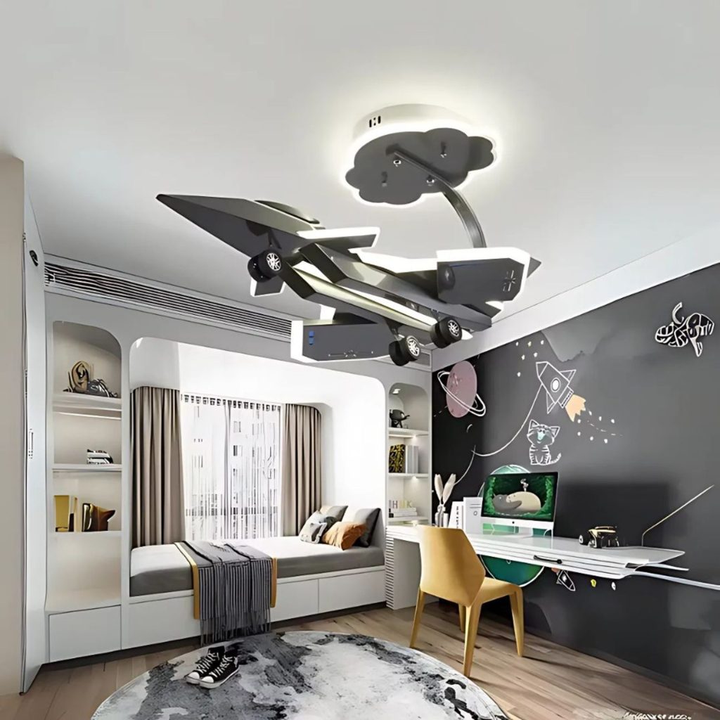 Lustra LED pentru copii FIGHTER, Tip avion, 100W, Lumina Rece/Calda/Neutra, Gri Aeronautic