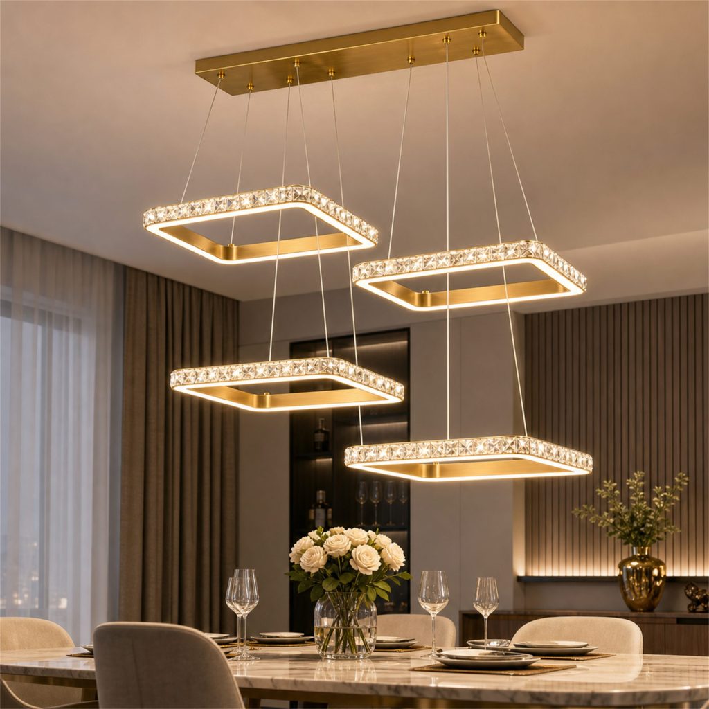Lustra LED RENATO Eleganza cu telecomanda si cristal, 73W, 4 Patrate, Lumina Rece/Calda/Neutra, Dimabila, Auriu