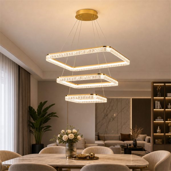 Lustra LED RENATO Nobile cu telecomanda si cristal, 39W, 3 Patrate, Lumina Rece/Calda/Neutra, Dimabila, Auriu