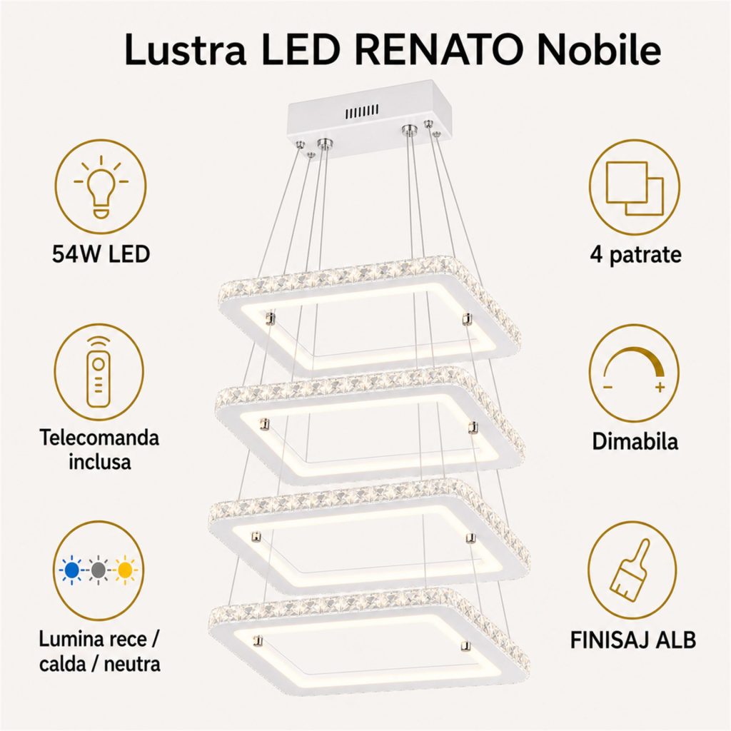 Lustra LED RENATO Nobile cu telecomanda si cristal, 54W, 4 Patrate, Lumina Rece/Calda/Neutra, Dimabila, Alb