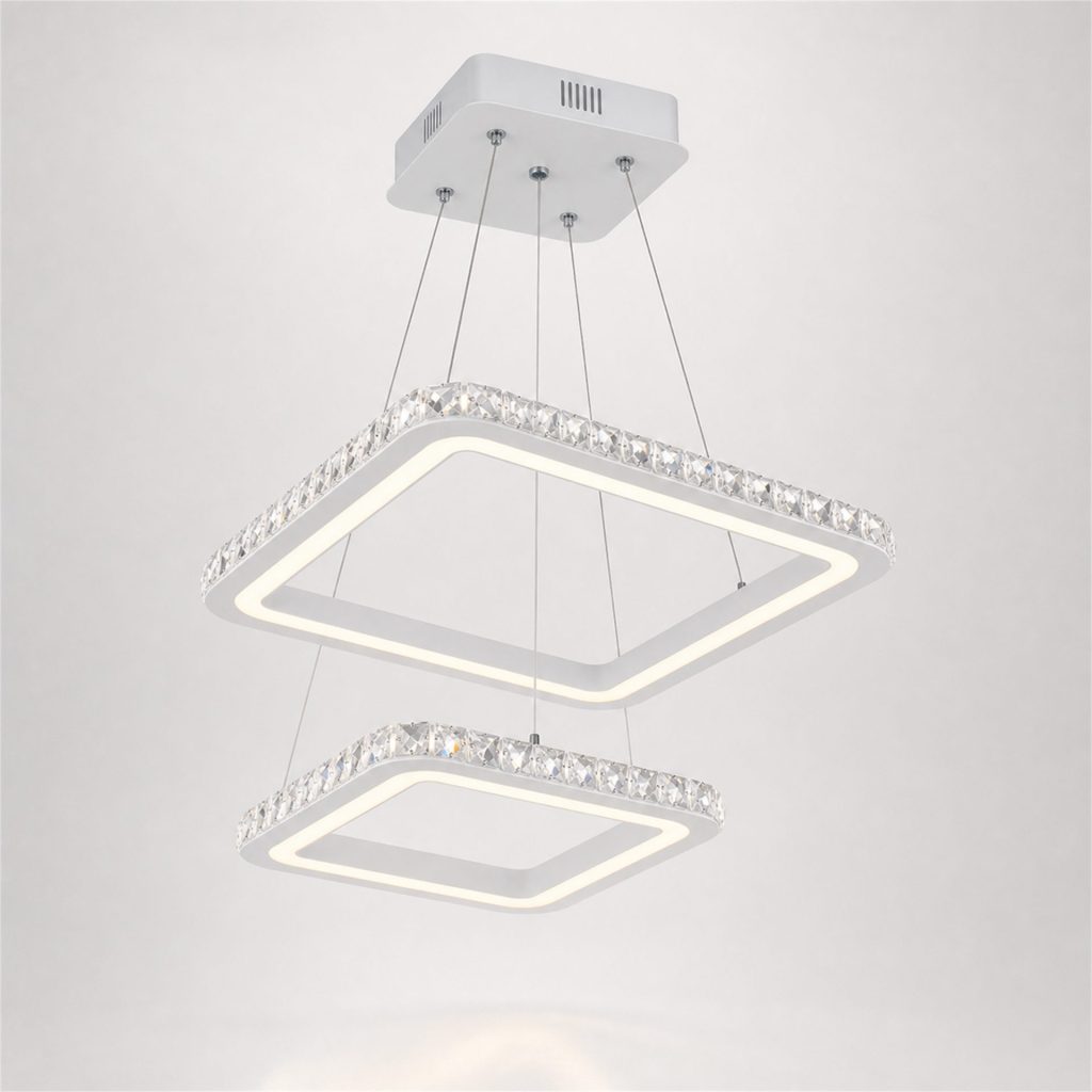 Lustra LED RENATO Petito cu telecomanda si cristal, 13W, 2 Patrate, Lumina Rece/Calda/Neutra, Dimabila, Alb