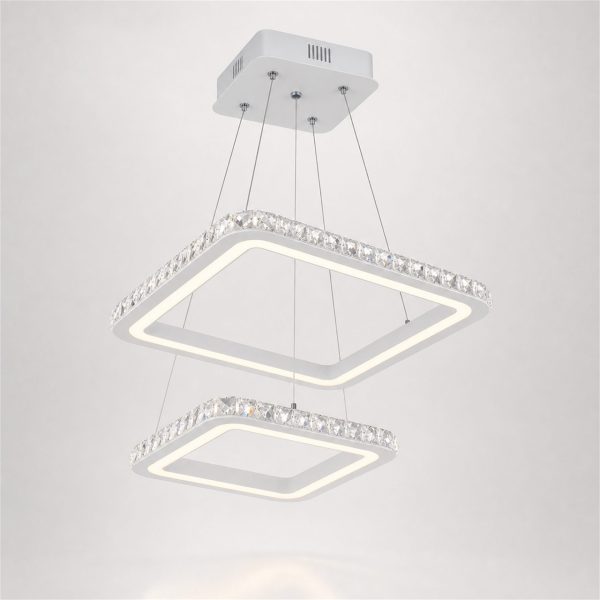 Lustra LED RENATO Petito cu telecomanda si cristal, 13W, 2 Patrate, Lumina Rece/Calda/Neutra, Dimabila, Alb