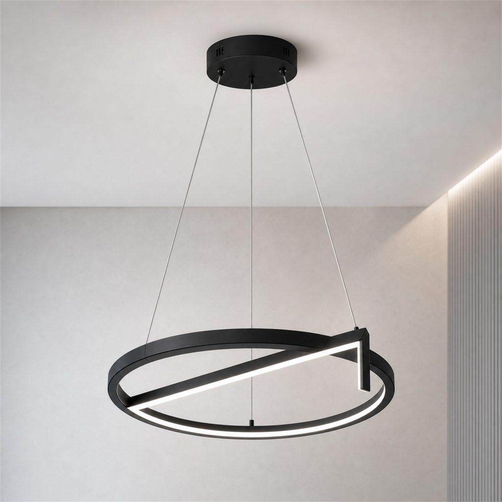 Lustra LED suspendata ANGLE, D52cm, 25W, Inaltime Reglabila, Lumina Rece, Negru, Metal si Acril